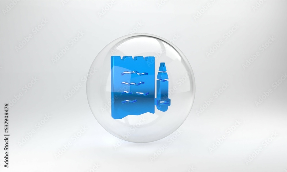 Blue Shopping list and pencil icon isolated on grey background. Glass circle button. 3D render illus