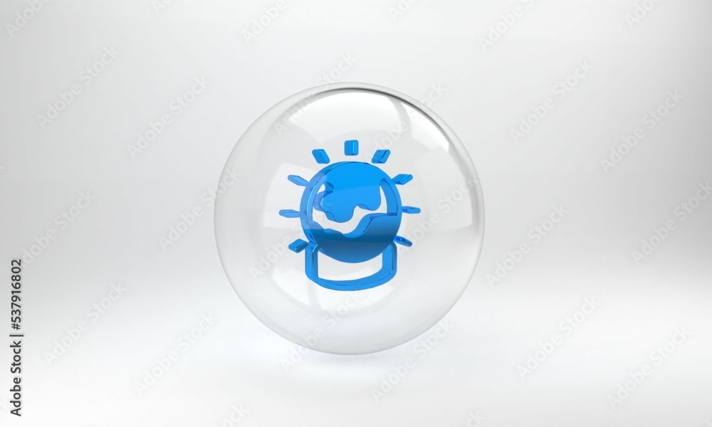 灰色背景上孤立的蓝色魔法球图标。水晶球。玻璃圆形按钮。3D渲染插图