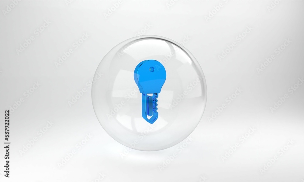 隔离在灰色背景上的蓝色酒店门锁钥匙图标。玻璃圆形按钮。3D渲染插图