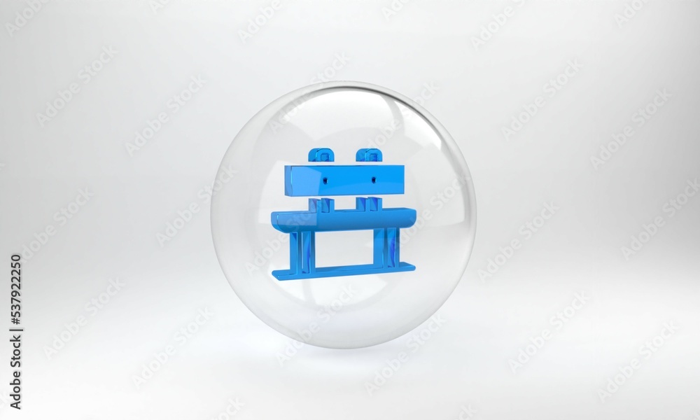 蓝色长椅图标隔离在灰色背景上。玻璃圆圈按钮。3D渲染图