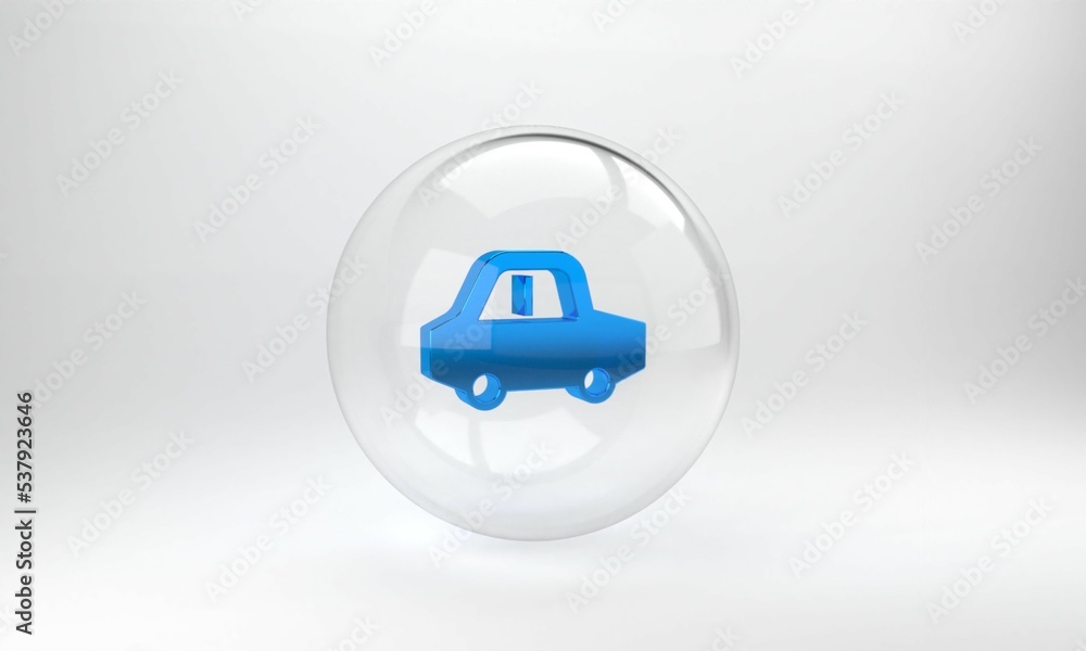 蓝色玩具车图标隔离在灰色背景上。玻璃圆形按钮。3D渲染图