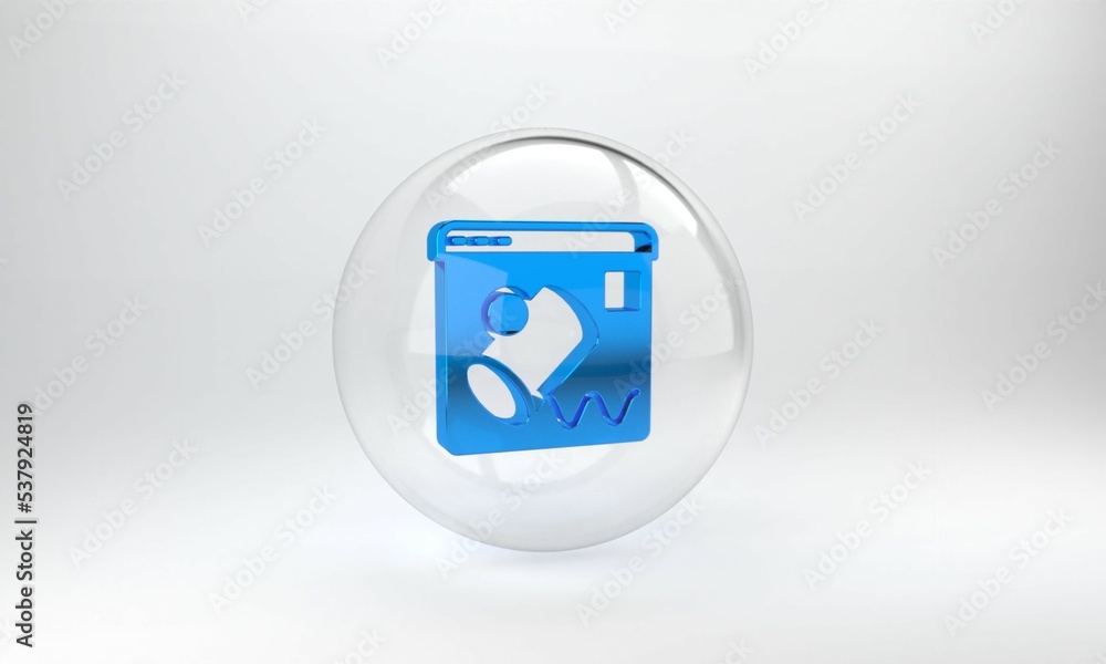 Blue Data visualisation icon isolated on grey background. Glass circle button. 3D render illustratio