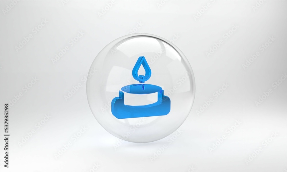 蓝色芳香蜡烛图标隔离在灰色背景上。玻璃圆形按钮。3D渲染图