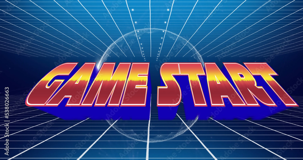 Illustration of game start text over circle and grid pattern against blue background, copy space