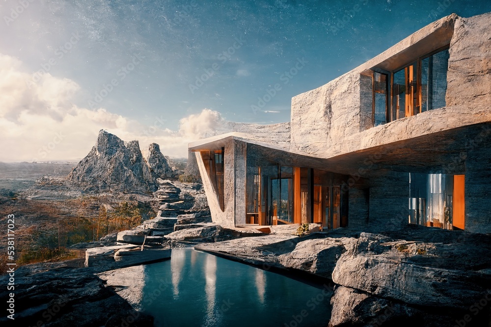 Luxury pool villa spectacular contemporary design 3D illustration digital art real estate , home, ho