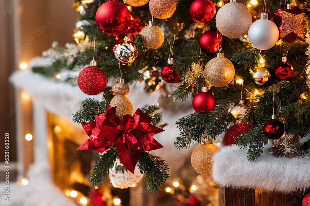 圣诞树与圣诞装饰品的特写