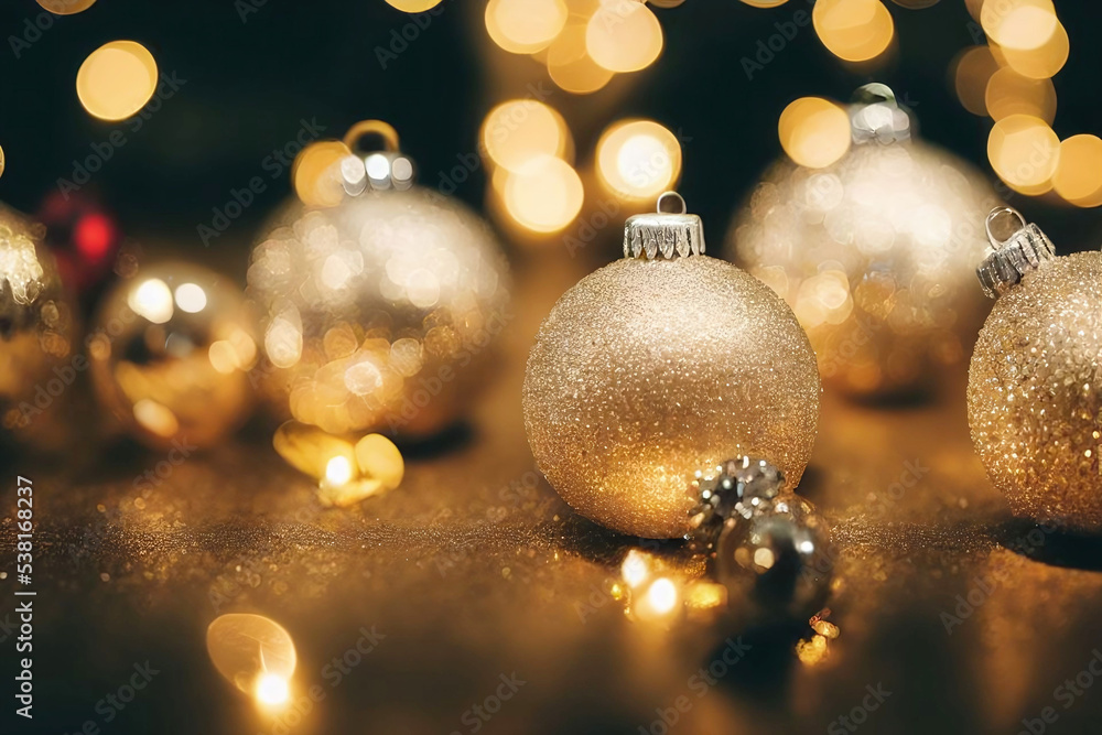 金色圣诞饰品的特写，带一些温暖的光线