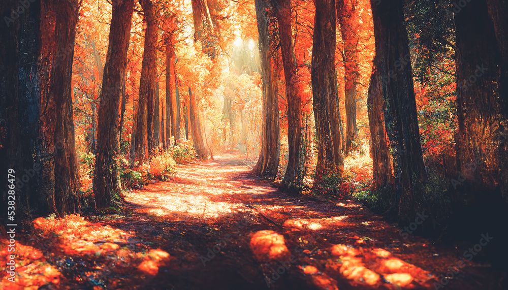 茂密的森林里，壮观的温暖明亮的秋色，黄色的叶子从t上落下