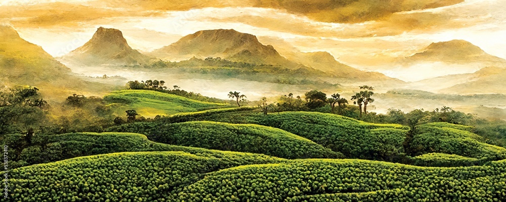 斯里兰卡风景，茶园日出，全景。数字艺术。
