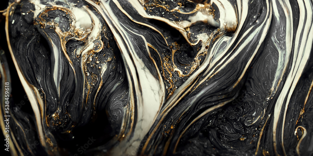 黑色和金色液体墨水翻腾在一起的壮观宏观图像，具有逼真的纹理a