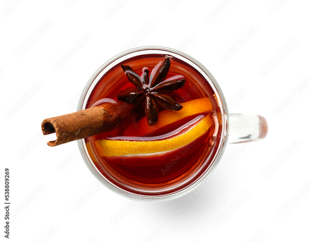Cup of aromatic mulled wine isolated on white background