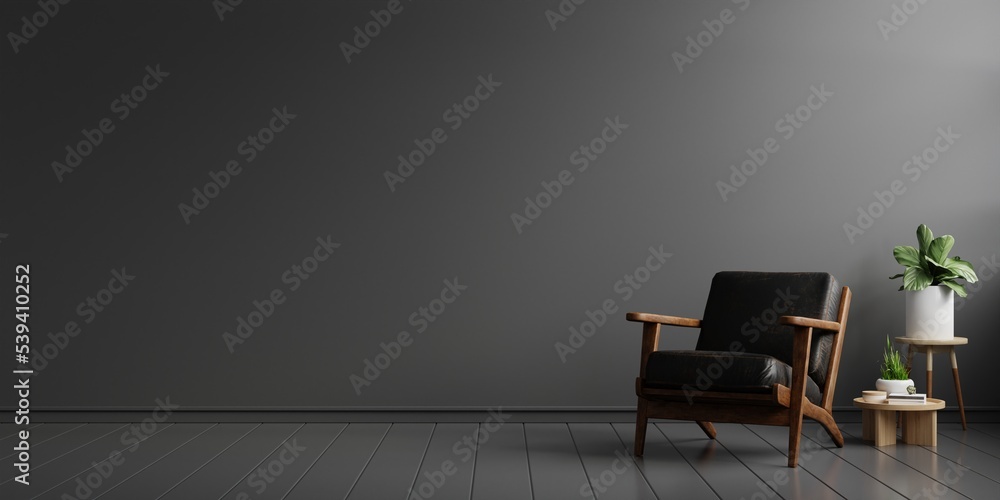 客厅内墙模型，黑色色调，深色墙上有皮扶手椅。