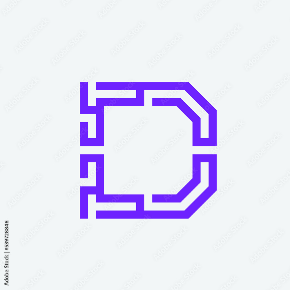 字母D会标标志签名图标。抽象迷宫，迷宫字母首字母在灯光f上隔离