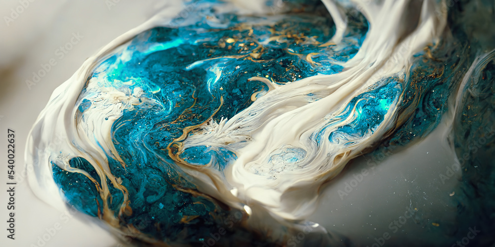 Spectacular image of white and blue liquid ink churning together, with a realistic texture and great
