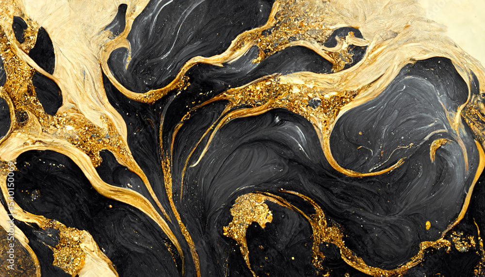 黑色和金色漩涡的壮观现实抽象背景。数字艺术3D插图