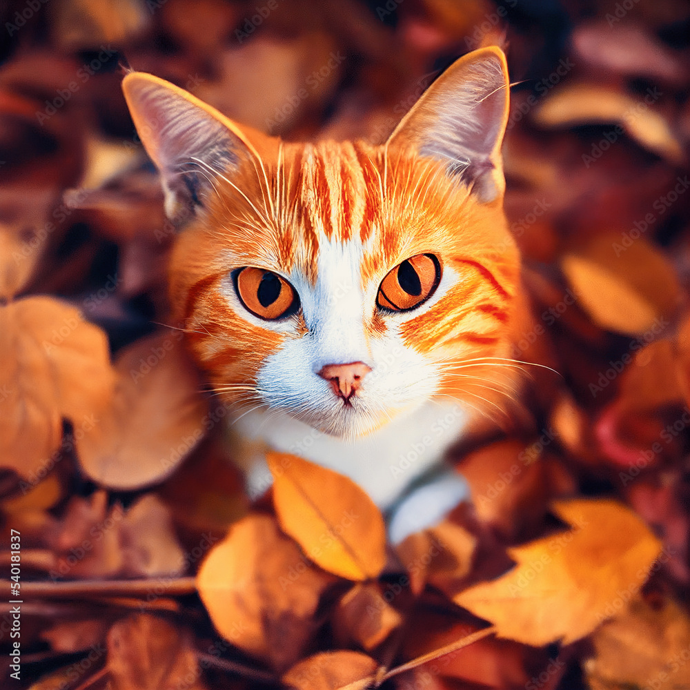 可爱的猫从黄叶中窥视，堆起壮观的秋景3D插图