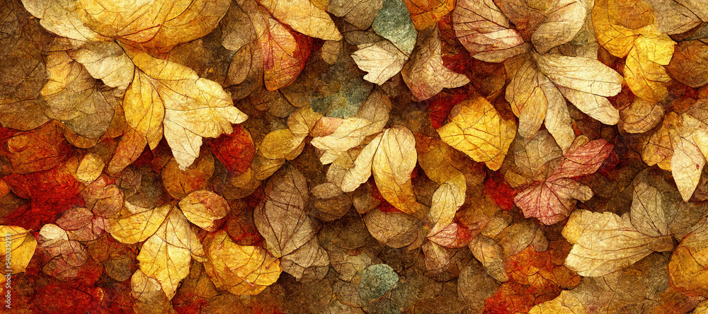 地面覆盖着秋天的黄叶。数字艺术3D插图中的秋天的叶子概念。Sp