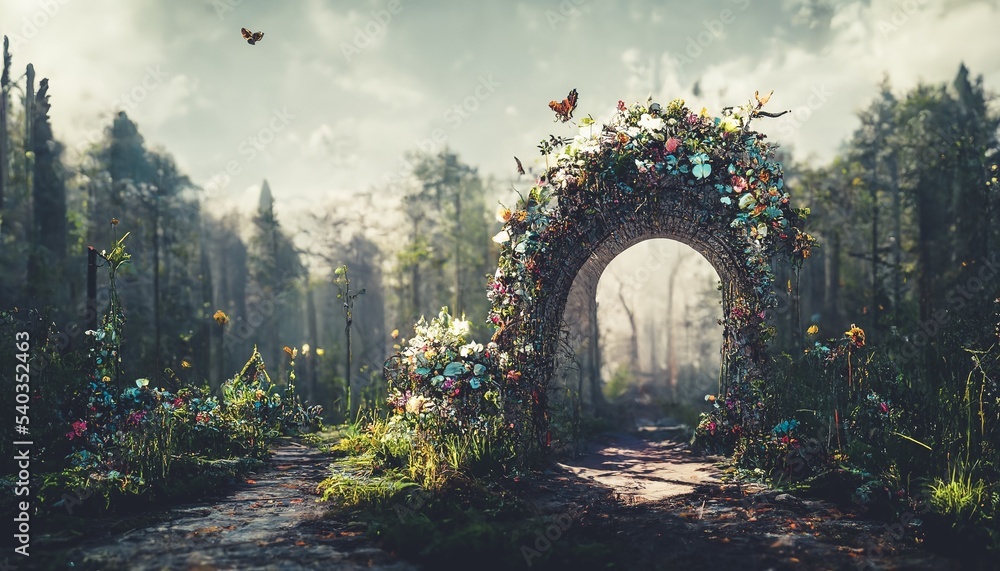 奇幻童话森林景观中间藤蔓覆盖的壮观拱门，雾蒙蒙的