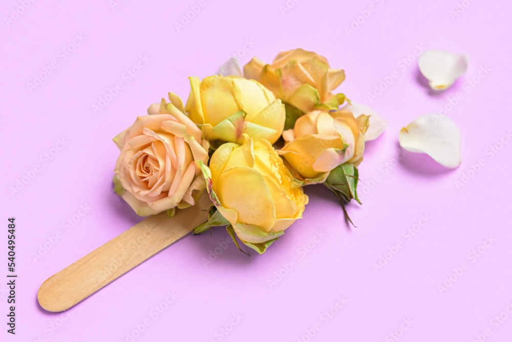 美丽的玫瑰和冰淇淋贴在彩色背景上