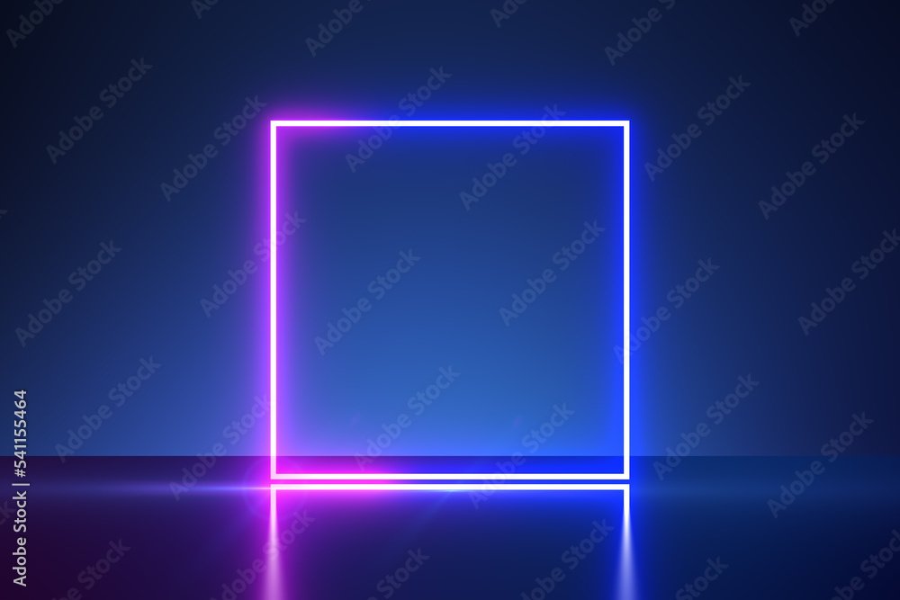 霓虹灯照明的方形框架，在空白的蓝色墙壁背景上放置您的徽标或文本。3D ren