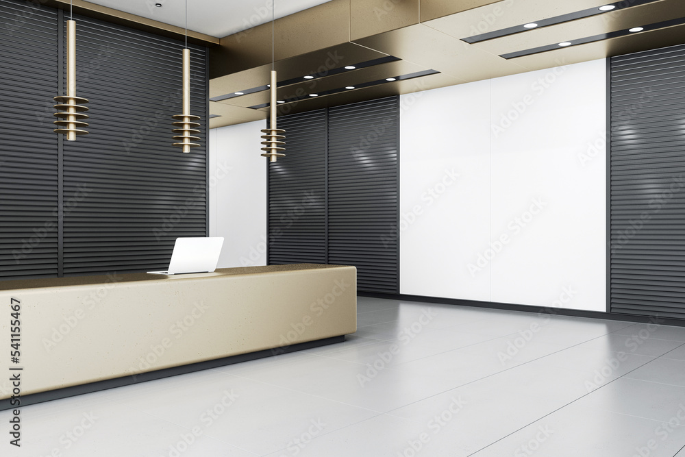 宽敞办公室内时尚接待区的透视图，黑色板条和白色墙壁，走吧
