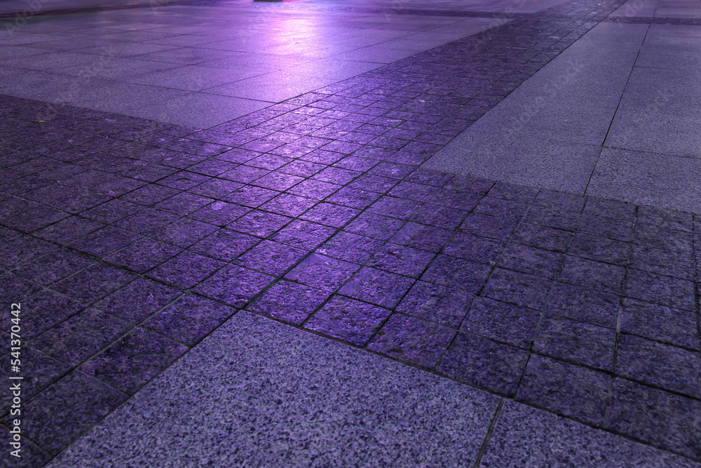 夜间城市广场上的铺路石视图，特写
