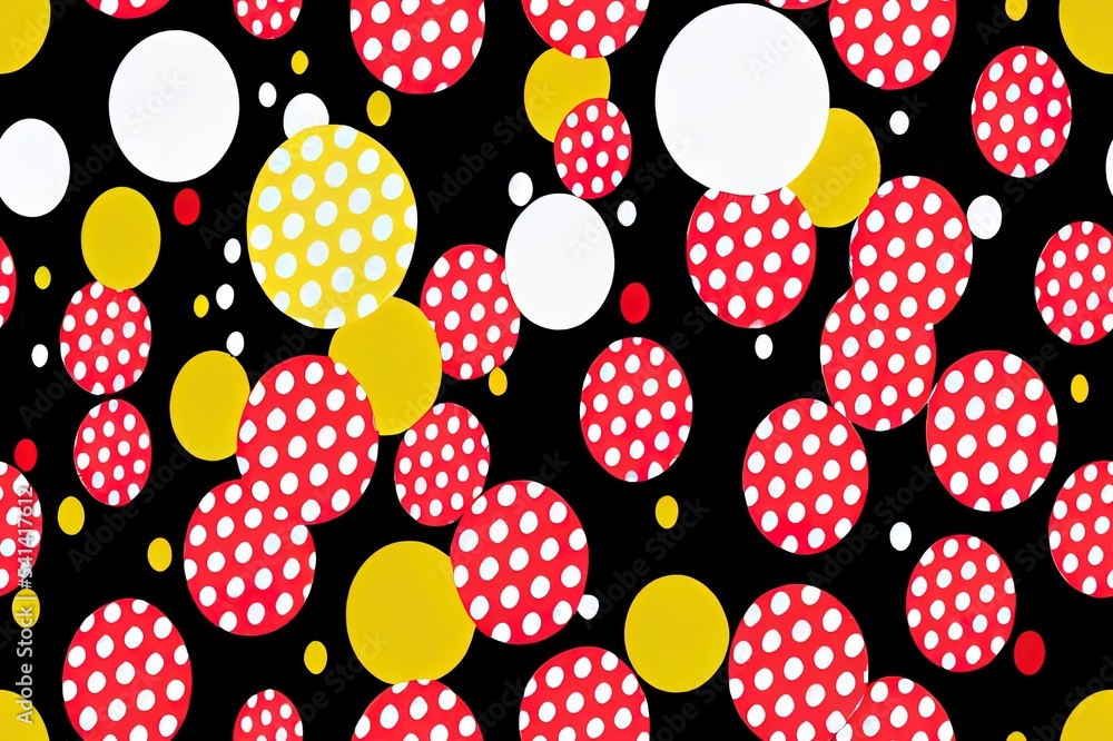 黄色、红色、黑色和白色圆点、星形和条纹2d插图无缝图案。儿童Pa