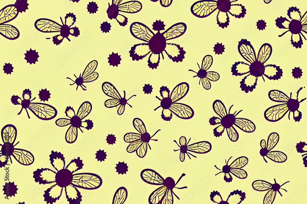 草地野花蜜蜂2d插图无缝图案。蜜蜂蜂窝装饰ornamen
