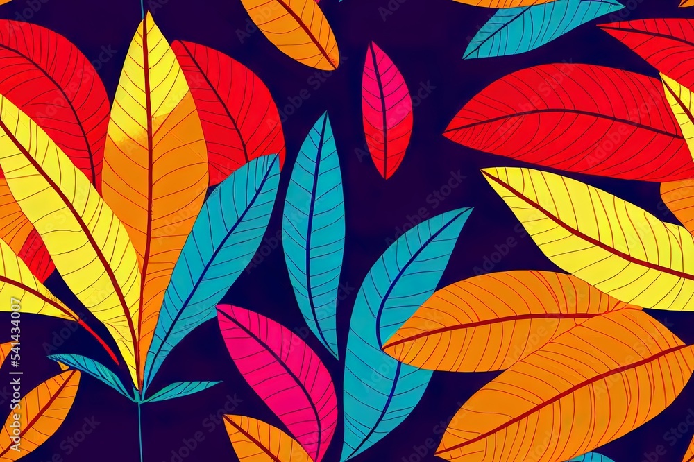 异国情调的热带艺术树叶色彩饱和。2d插图无缝图案。手绘手推车