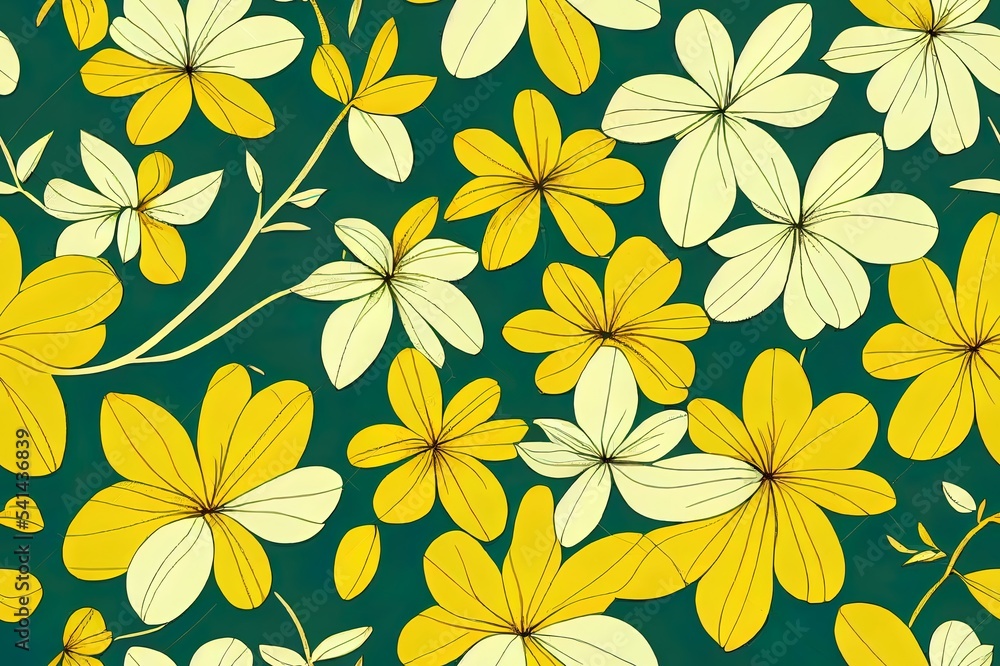 日本图案风格的手绘鲜黄色花朵与绿叶的无缝图案。