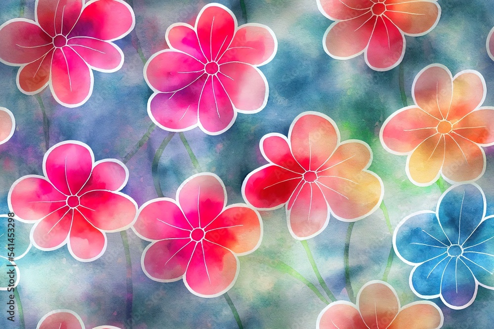 数字印刷纺织品图案壁纸彩色花朵，水彩背景插图
