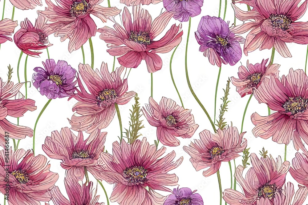 在粉彩背景上用水彩绘制的海葵和盛开的花朵的无缝图案。设计
