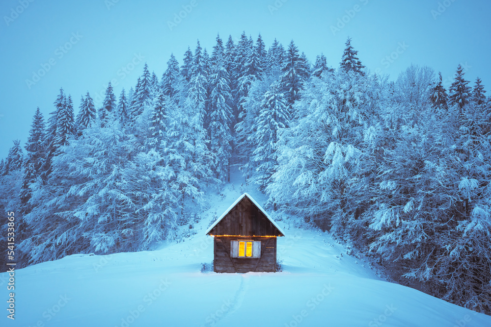 梦幻般的冬季景观，在白雪皑皑的森林中有发光的木屋。喀尔巴阡山上有舒适的房子