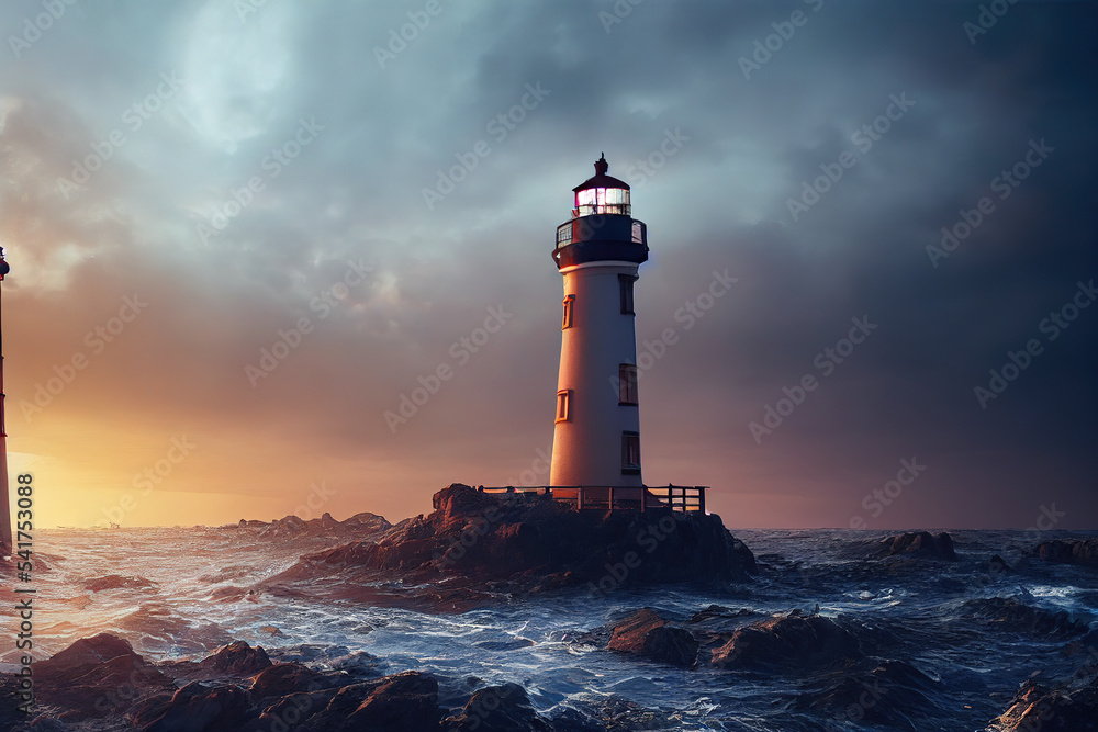壮观的海洋景观，灯塔在日出或日落时提供光线。海岸平静的大海