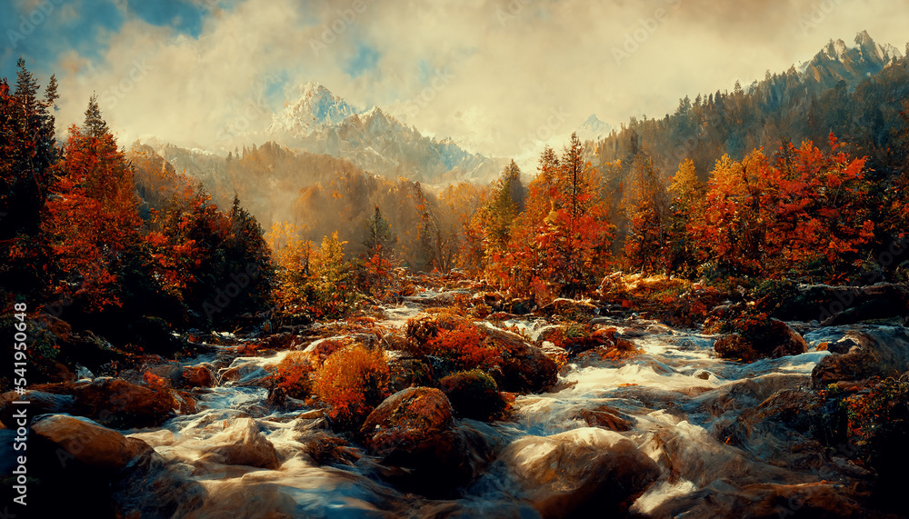 壮观的秋季森林全景，远处有山脉，上面有明亮的橙色叶子
