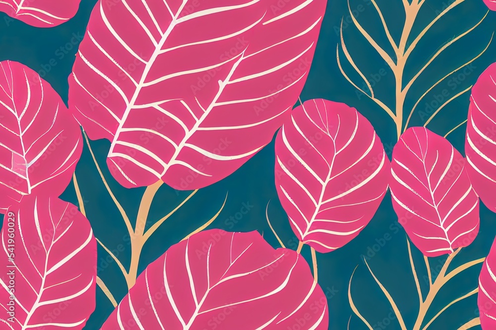 自然无缝图案。手绘热带夏季背景粉白色棕榈树叶，线条艺术