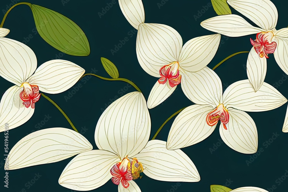夏威夷风格的无缝花卉图案，带有大的白色手绘兰花树花朵、花蕾、叶子o