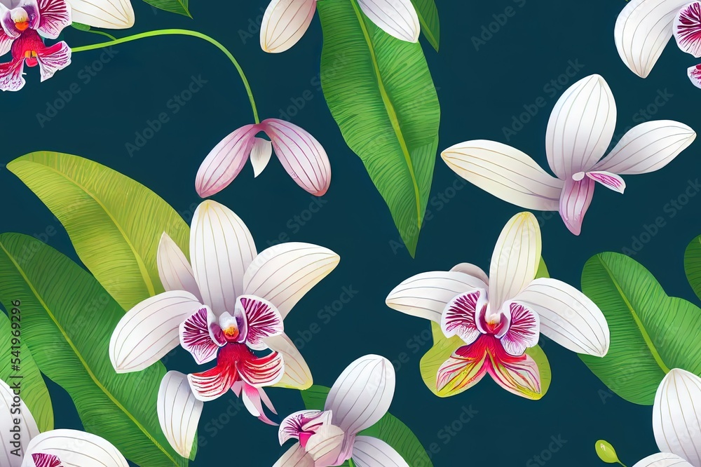 热带花卉无缝图案背景，带有异国情调的花朵、兰花、丛林树叶。Artis