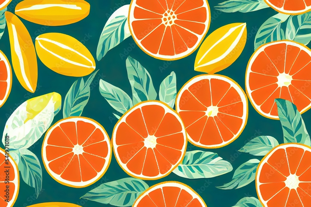 夏季热带无缝图案，带有五颜六色的橙子和花朵。2d插图柑橘类水果背面