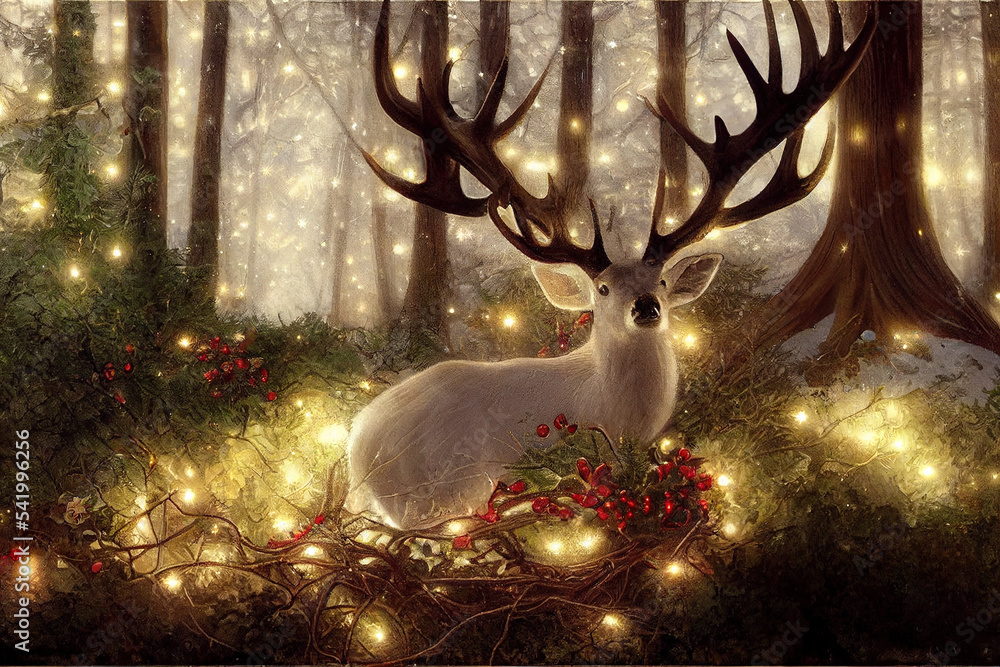 美丽的鹿和松林中的圣诞节，用壮观的礼盒和花色装饰
