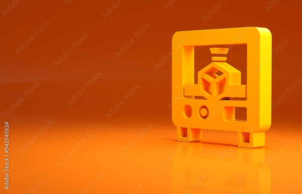 黄色3D打印机图标隔离在橙色背景上。3D打印。极简主义概念。3D插图