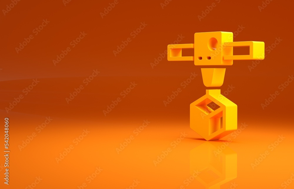 黄色3D打印机立方体图标隔离在橙色背景上。3D打印。极简主义概念。3D插图