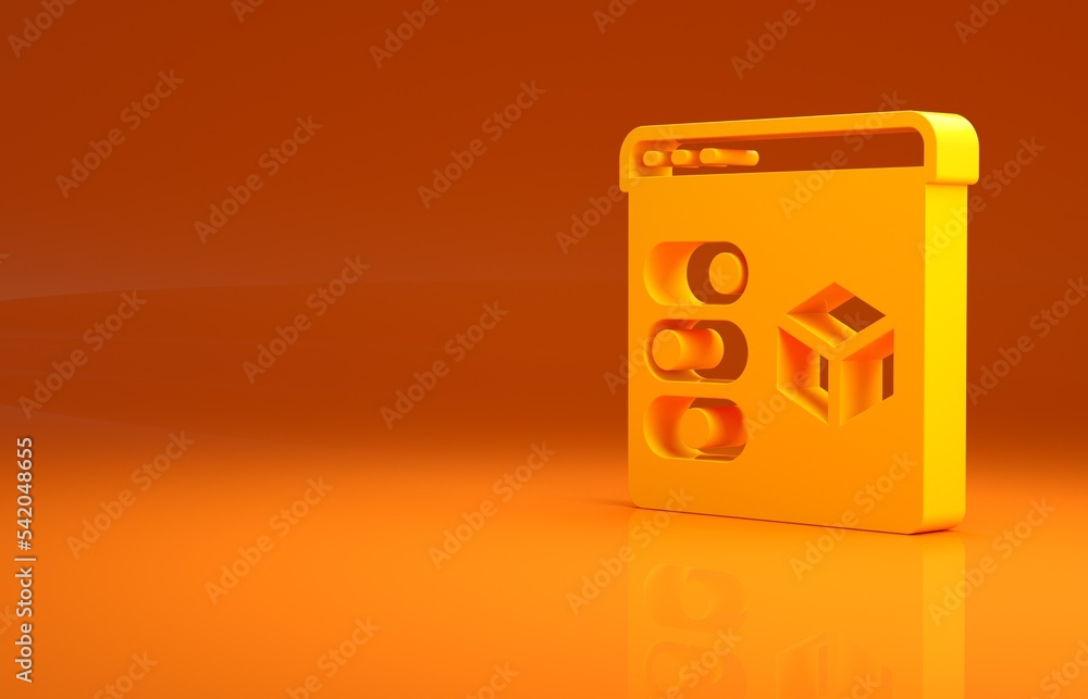 黄色3D打印机图标隔离在橙色背景上。3D打印。极简主义概念。3D插图