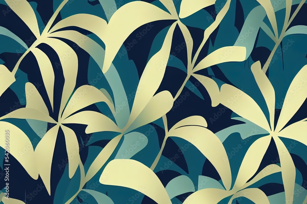 带有棕榈树和树叶轮廓的复古热带无缝图案2d插图
