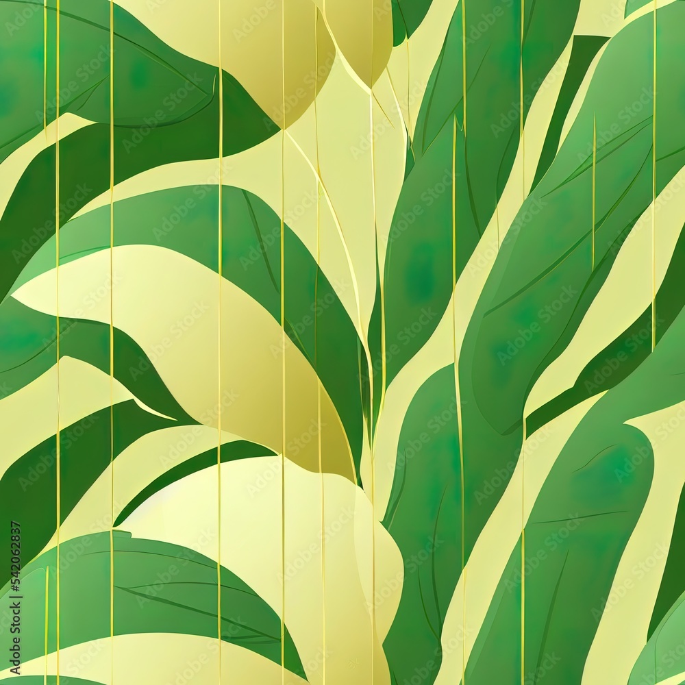 奢华金色和自然绿色背景2d插图。花卉图案，金色裂叶Philodendr