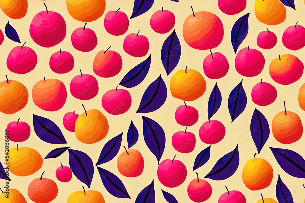 Seamless pattern with peach fruit and happy flower cartoons on pink background 2d illustrated illust