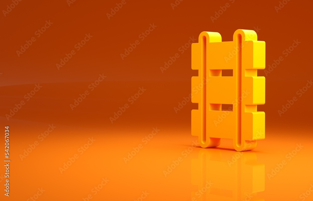 黄色玩具铁路，橙色背景上的铁轨图标。极简主义概念。3d插图
