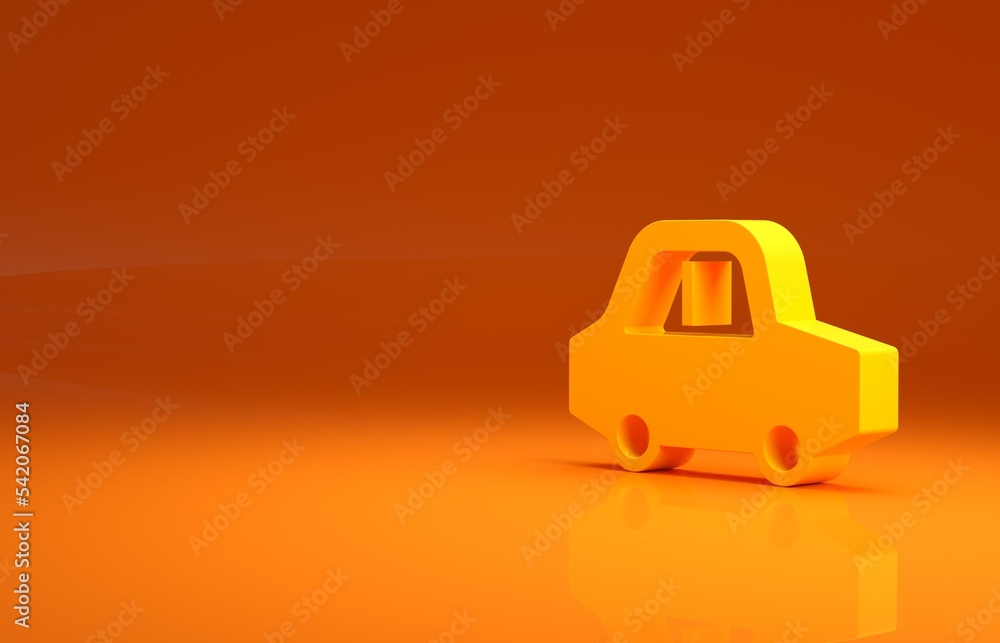 黄色玩具车图标隔离在橙色背景上。极简主义概念。3d插图3d渲染