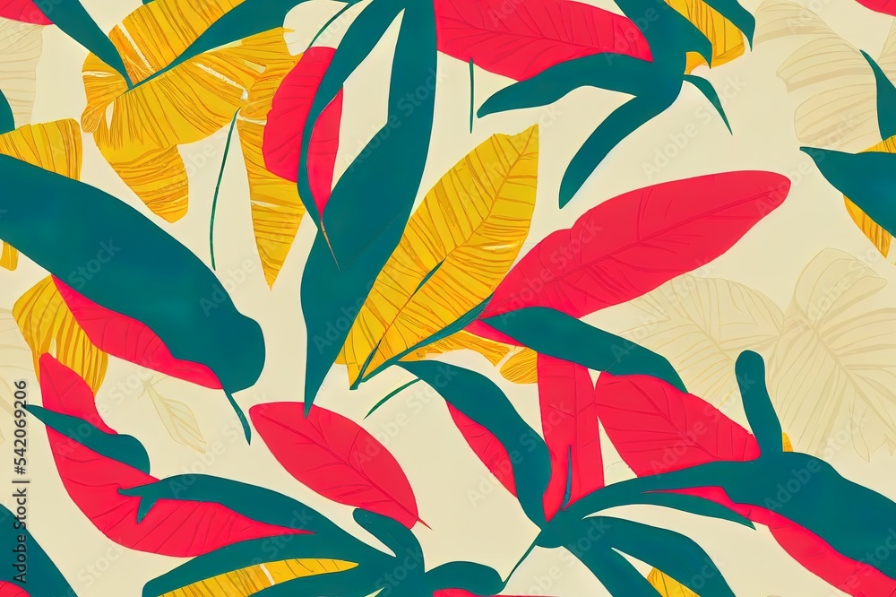 热带艺术品的无缝图案，有五颜六色的手绘棕榈叶和有趣的背景
