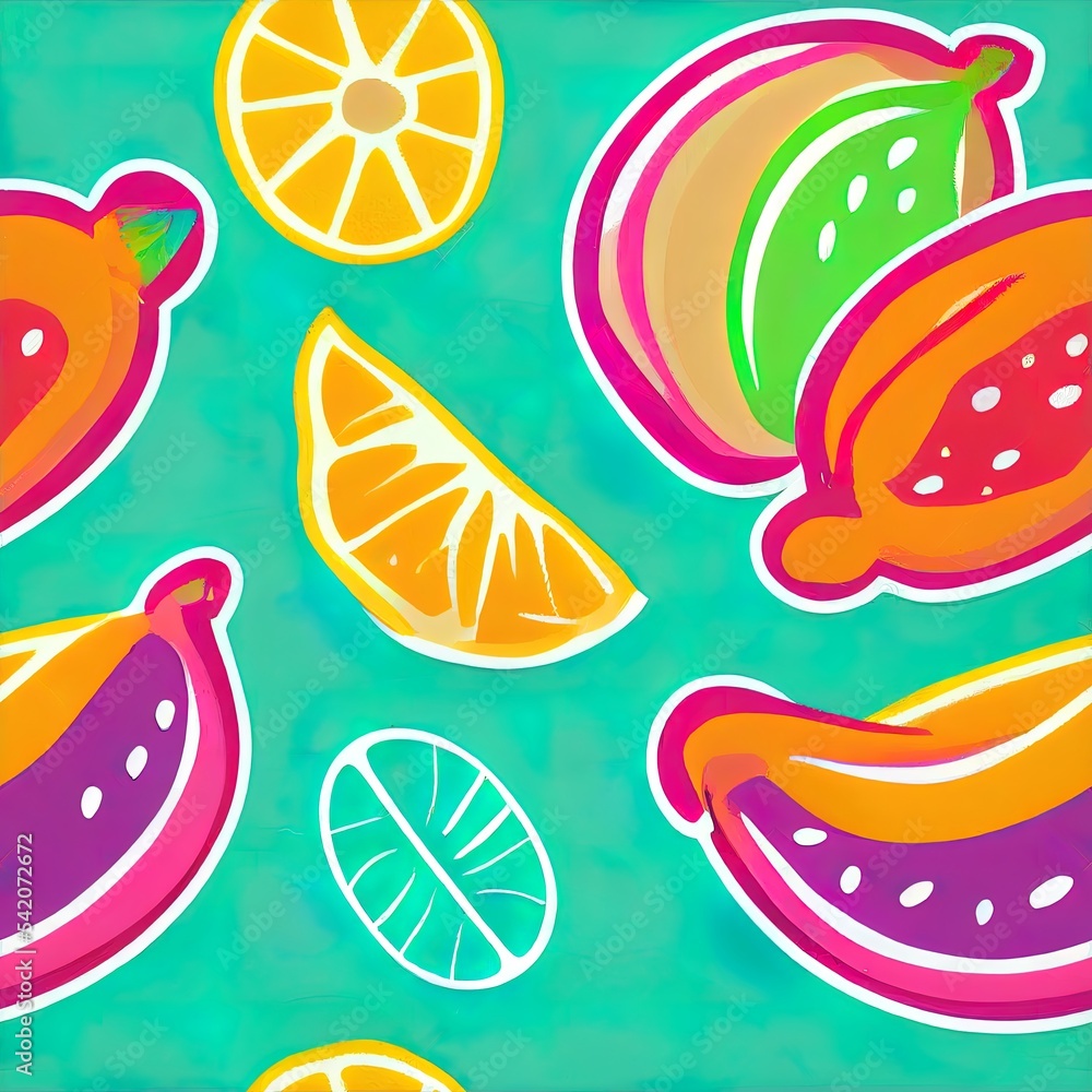 可爱的彩色手绘热带水果和彩虹无缝图案，用于暑假背景。
